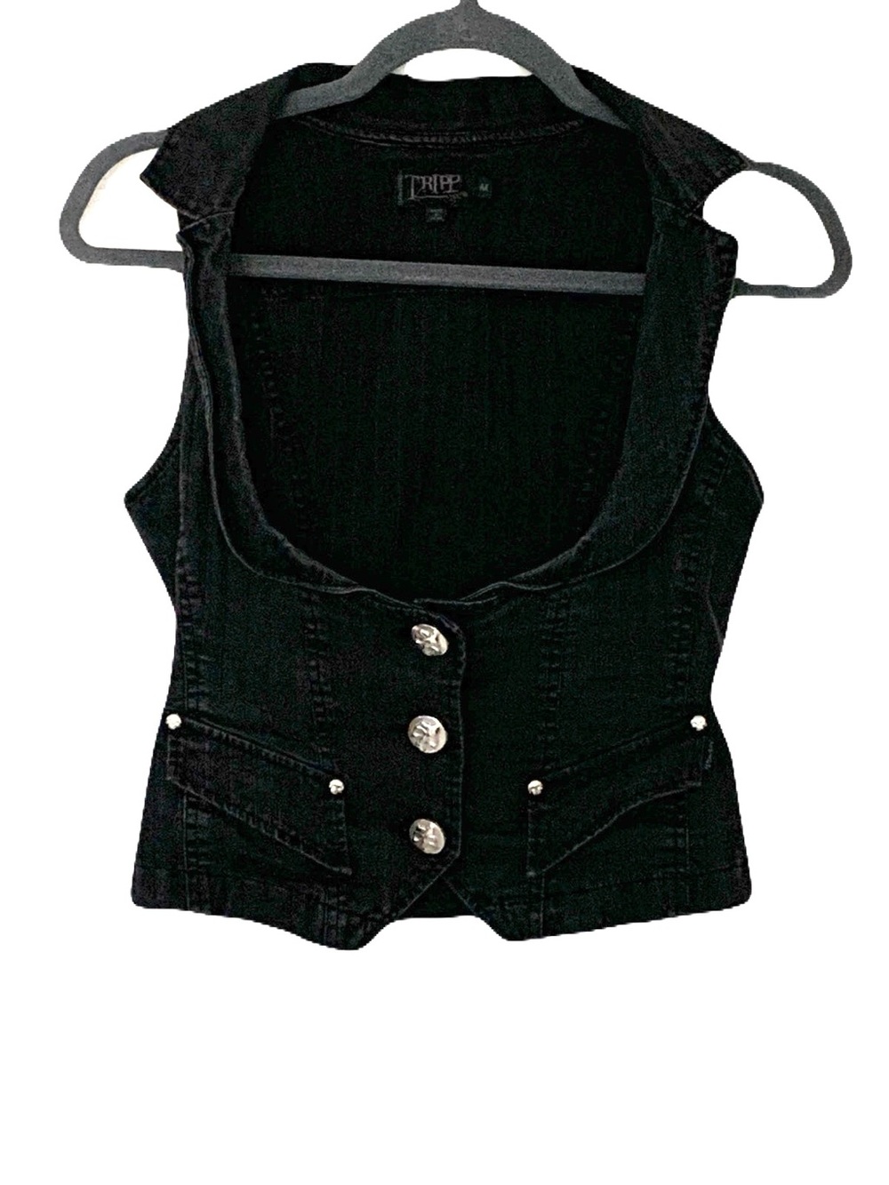 Vintage Y2K Tripp NYC Washed Black Denim Vest Silver Skull Buttons Goth Punk